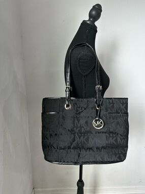 Michael Kors Black MK Jacquard Shopper Tote with Gold Charm